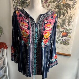 Savanna Jane Navy Blouse with Pink and Orange Embroidery Small